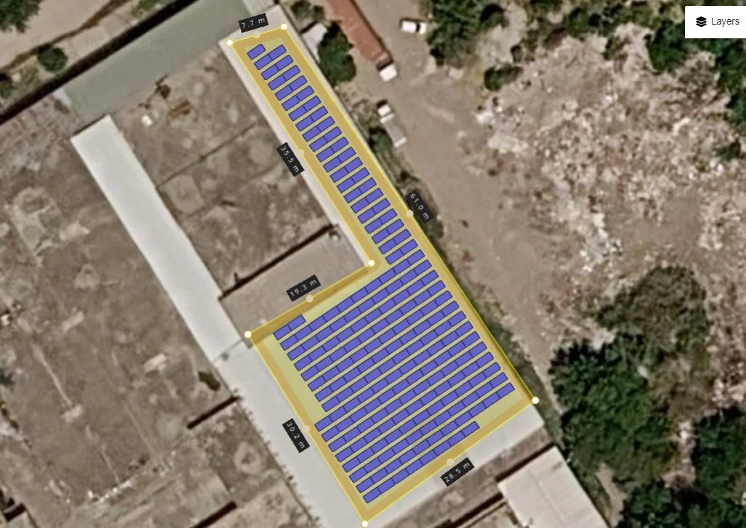HelioScope layout of 198 modules on the rooftop